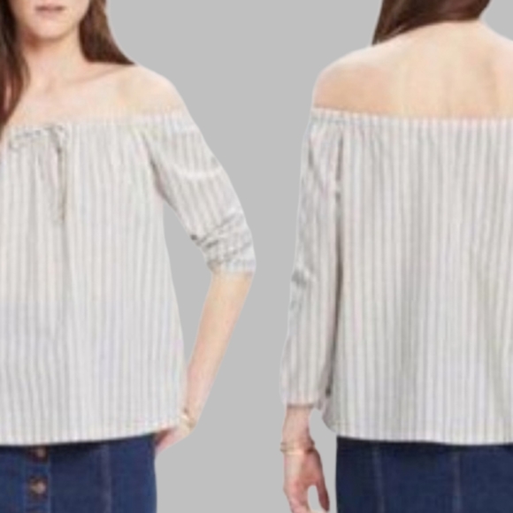 MADEWELL Cotton Blue Pinstripe Off The Shoulder Peasant Summer Coastal Blouse - Picture 3 of 6
